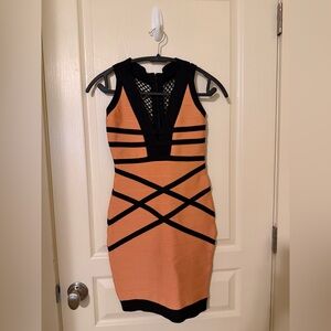 Elegant Black and Orange Bandage  Dress Bondage coral fishnet mesh back sz 0/2?